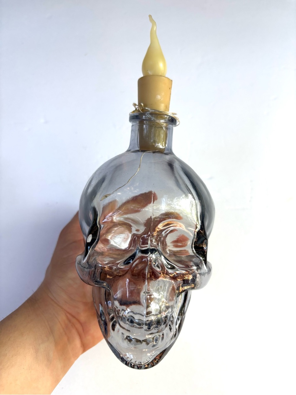 Halloween Clear Glass Skull Bottle Candle Holder - Decorative Home Art